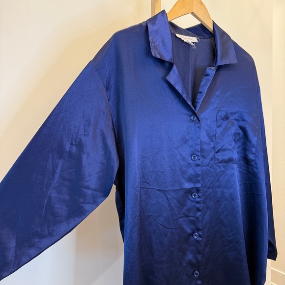 Vintage!! Christian Dior Women's Blue Nightgown L Silky Embroidered Button Front - Picture 2 of 10